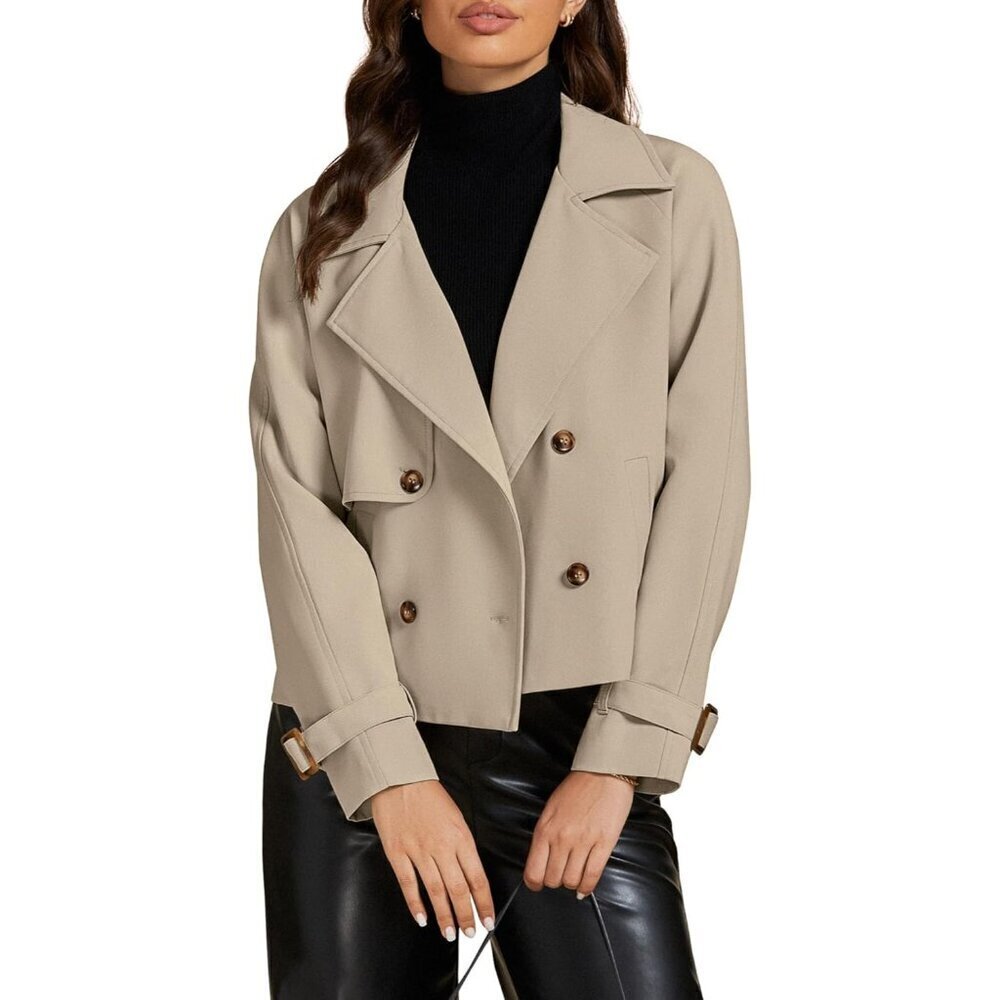 🆕Women Light Taupe Cropped Trench Coat Double Breasted Lapel Casual Loose Fit